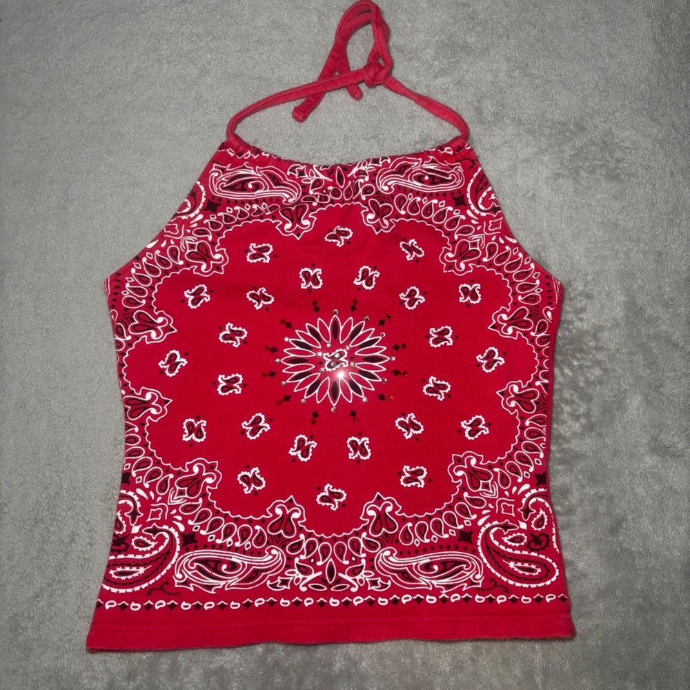 Energie Womens M Red Bandana Halter Top Rhinestone Paisley Y2K 2000s